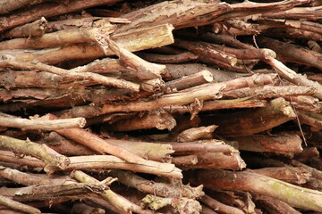 Stacked small wood from close up