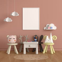 Blank photo frame for mockup in child room, 3D rendering