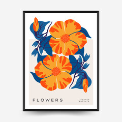 Abstract floral posters template. Modern trendy Matisse minimal style. Pink and blue colors. Hand drawn design for wallpaper, wall decor, print, postcard, cover, template, banner. 