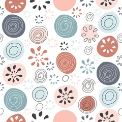 Tapeten Beautiful vector seamless pattern in simple scandinavian style. Abstract colorful round shapes on white background. Repeating wallpaper. Trendy design for textile, fabric, surfaces, paper wrapping. © Maria