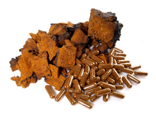 Chaga Mushroom with Capsules isolated on white Background - Healthy Nutrition