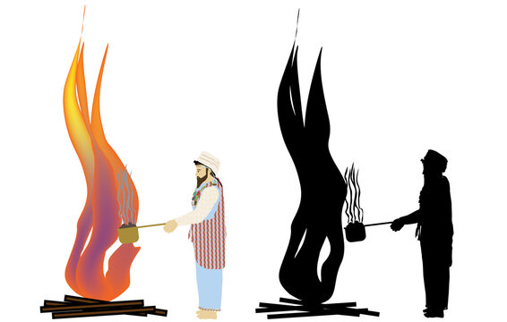 The High Priest's Daily Offering. Colorful vector painting and black silhouette of the work in the Temple in ancient Jerusalem. In the land of Israel. According to Orthodox Jewish history. Isolated