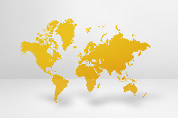 Yellow world map on white wall background. 3D illustration