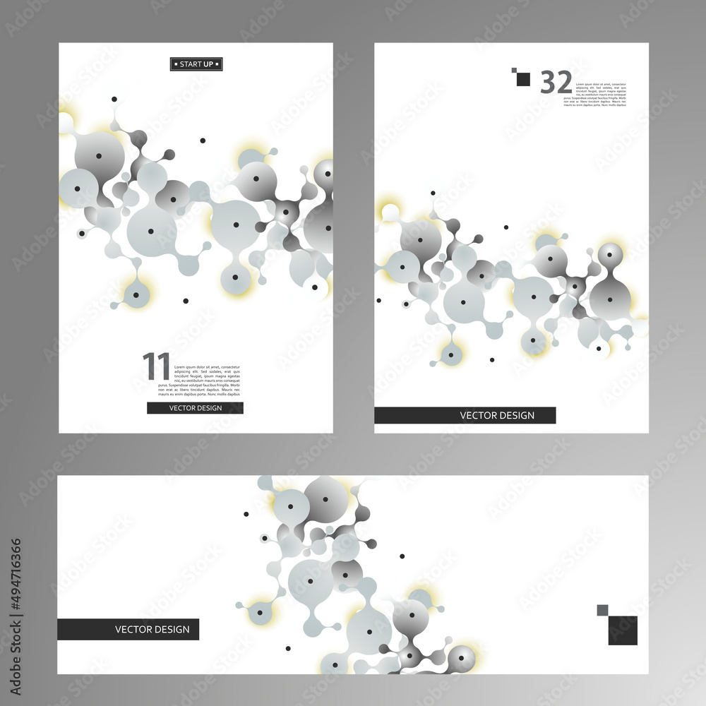 Poster vector connect design. molecular compounds of circles with colored elements on covers of brochures. 