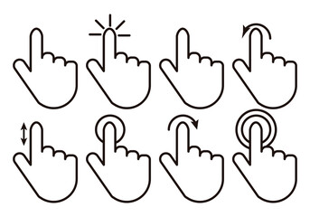 Icono negro de cursor de mano con gestos. 