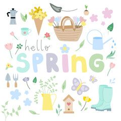 Hello spring. Spring time collection with flowers, plants and gardening tools. Hand drawn. For scrapbooking, greeting card, invitation, poster. Vector illustration, flat design