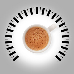 Caffeine doping cup of coffee symbol with speedometer. Waking up booster concept. Mug with morning...