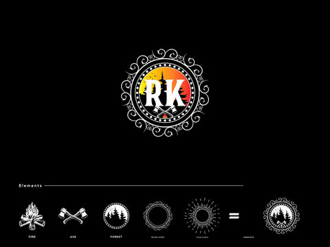 Vintage RK logo, Outdoor Retro Emblems rk Vintage style natural forest company logo
