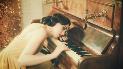 romantic young retro woman. Gently touches key old piano. Bright style 20s. 