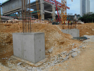 SELANGOR, MALAYSIA -JULY 4, 2021: The concrete pile cap and column stump are under construction at...