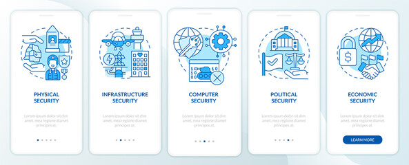 Dimensions of national security blue onboarding mobile app screen. Walkthrough 5 steps graphic instructions pages with linear concepts. UI, UX, GUI template. Myriad Pro-Bold, Regular fonts used
