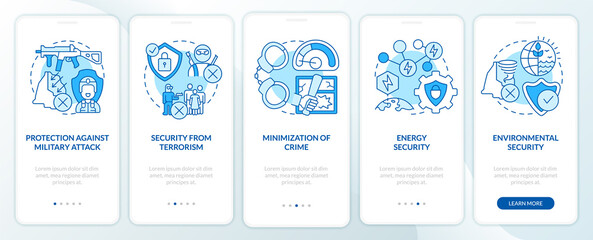 National security and protection blue onboarding mobile app screen. Walkthrough 5 steps graphic instructions pages with linear concepts. UI, UX, GUI template. Myriad Pro-Bold, Regular fonts used