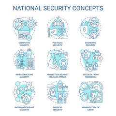 National and international security turquoise concept icons set. Countries safety idea thin line color illustrations. Isolated symbols. Editable stroke. Roboto-Medium, Myriad Pro-Bold fonts used