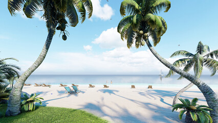 8K ULTRA HD. Relaxing seascape with wide horizon of the sky and the sea. Beautiful sky and blue ocean, blue sky. White sand and turquoise water.