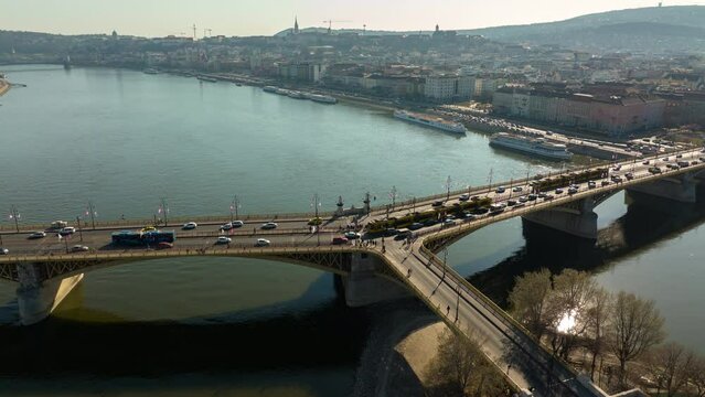 Drone timelapse over the Margaret Birdge, Budapest