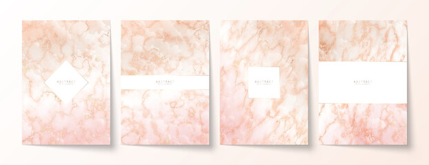Luxury elegant backgrounds set. Pink marble texture with gold veins and glossy copy space with shiny borders. Modern premium templates in pastel colors for invitation, card or notebook cover