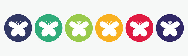 6 circles set with butterfly icon in various colors. Vector illustration.