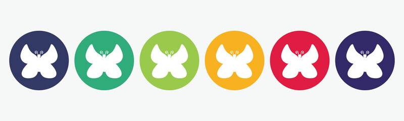6 circles of buttons set with butterfly icon in different colors. Vector illustration.