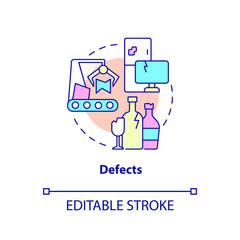 Defects concept icon. Poor quality products rework. Lean production. Type of muda abstract idea thin line illustration. Isolated outline drawing. Editable stroke. Arial, Myriad Pro-Bold fonts used