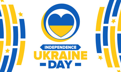 Independence Day in Ukraine. National happy holiday, celebrated annual in August 24. Ukrainian flag. Blue and yellow. Patriotic elements. Poster, card, banner and background. Vector illustration