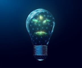 Wireframe polygonal plant in a lightbulb. Saving energy ecology concept with glowing low poly plant in bulb. Futuristic modern abstract. Isolated on dark blue background. Vector illustration