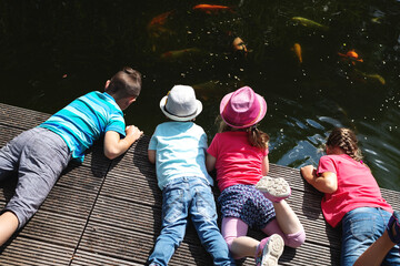 4 Kinder liegen auf einem Steg am Teich, planschen im Wasser und spielen mit Zierfischen