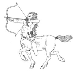 Centaurus with a bow on a hunt. Monster illustration. Fantasy and mythology drawing.	