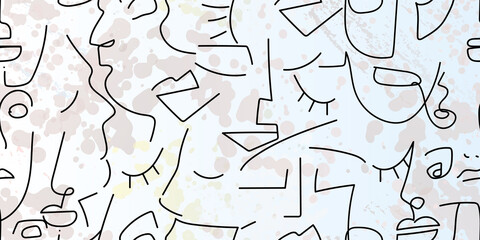 One line drawing. Abstract face seamless pattern.