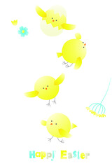 Vector illustration, set with Easter chicks and flowers, in yellow blue colors