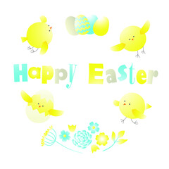 Vector illustration, Easter greeting card with Easter chicks and flowers, in yellow blue colors