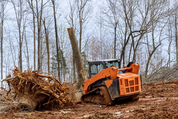 Tractor or skid steer clearing land from roots for building housing development