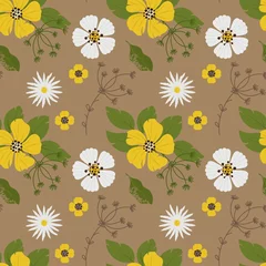 Deurstickers Floral simple pattern with wildflowers and leaves in autumn colors. Vector illustration in hand drawn style © Ольга Гладій