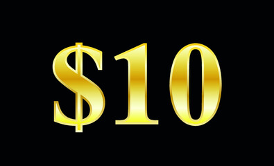 $10 gold dollar. Symbol price and promotional offer. product price tag