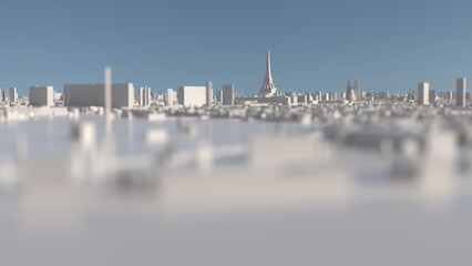 Paris as a white 3D model. City silhouette with Notre-Dame and Eiffel Tower.