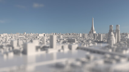 Paris as a white 3D model. City silhouette with Eiffel Tower. Notre-Dame in the blur.