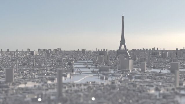 Paris as a white 3D model. City silhouette with Eiffel Tower against the light.