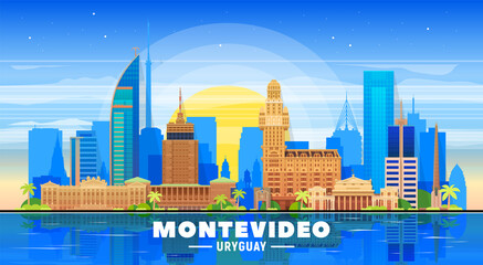 Montevideo Uruguay skyline with panorama in sky background. Vector Illustration. Business travel and tourism concept with modern buildings. Image for banner or web site.
