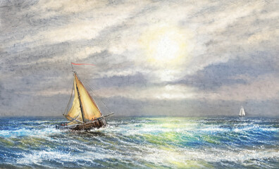 Fototapeta na wymiar Oil paintings sea landscape, fishermen, old sailboat on the sea. Fine art, artwork, sailing ship on the sea