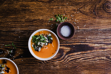 Pumpkin soup with coconut milk, vegan plant based meal
