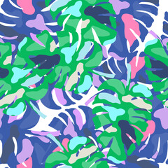 Fototapeta na wymiar Abstract monstera leaves tropical seamless pattern. Rainforest background.