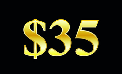 $35 gold dollar. Symbol price and promotional offer. product price tag