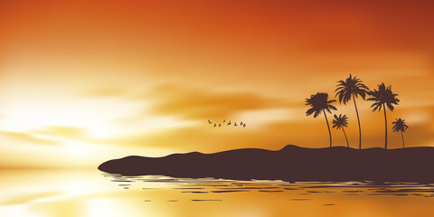 Sunset at the beach and ocean vector illustration
