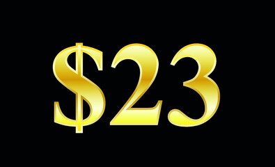 $23 gold dollar. Symbol price and promotional offer. product price tag