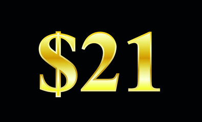$21 gold dollar. Symbol price and promotional offer. product price tag