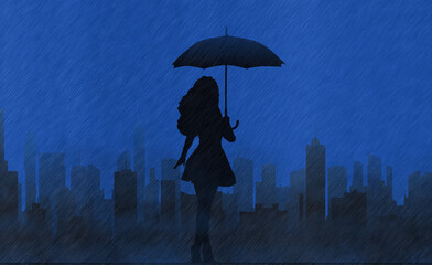 silhouette of a woman with an umbrella against the backdrop of the city and skyscrapers in the rain