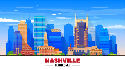 Nashville Tennessee skyline with panorama at sky background. Vector Illustration. Business travel and tourism concept with modern buildings. Image for banner or web site.
