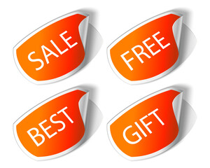 Vector illustration of set of vivid orange stickers for seasonal sale with retail related writings and bent corners on white background