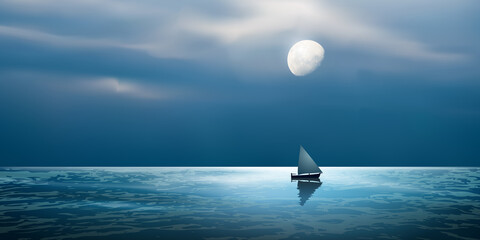 Ocean and yacht at night with moon illustration - obrazy, fototapety, plakaty
