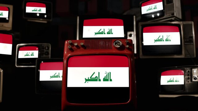 Flag of Iraq and Vintage Televisions. 4K Resolution.