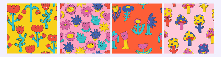 collection of vector interior seamless patterns in hippie style.70s and 60s funky and groove textile ornaments.Psychedelic patterns with flowers, mushrooms.Vintage 70s and 80s faded square posters.